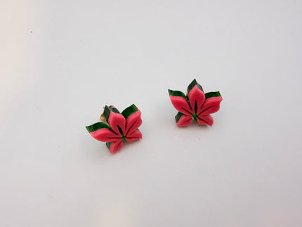 Pair of pink flower-shaped earrings on a white background