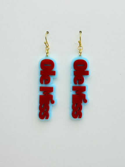 Ole Miss earrings with red text on a light gray background