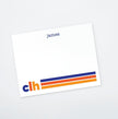A personalized flat notecard with 'James' written at the top and a colorful striped design at the bottom, including the initials 'CLH'.