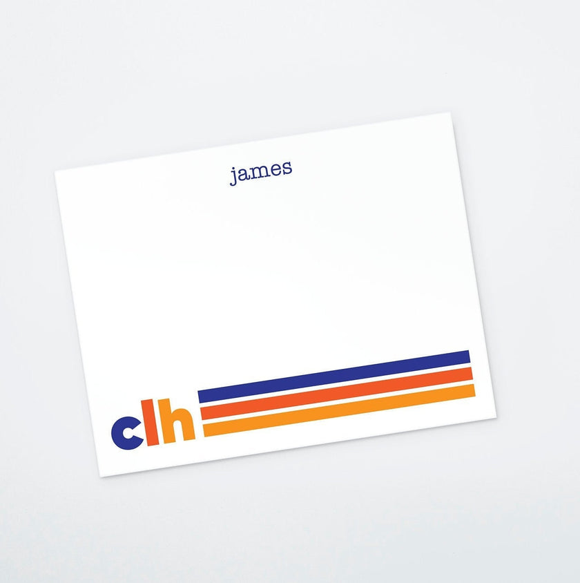 A personalized flat notecard with 'James' written at the top and a colorful striped design at the bottom, including the initials 'CLH'.