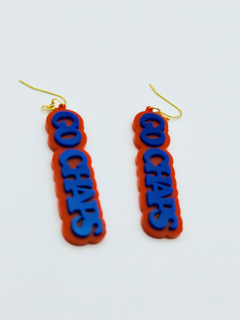 Pair of earrings with 'GO CHAPS' text on a white background