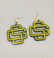 Pair of yellow and blue geometric earrings on a white background