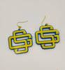 Pair of yellow and blue geometric earrings on a white background