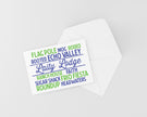 A folded note card with a printed design that includes the text 'CAMP FAVORITES LAITY LODGE' in various fonts and colors, set against a white background.