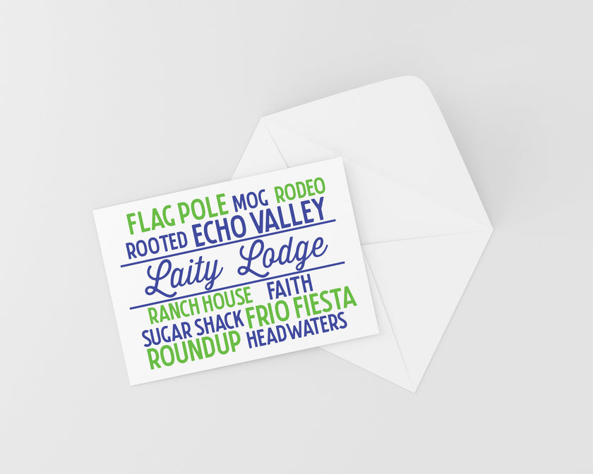 A folded note card with a printed design that includes the text 'CAMP FAVORITES LAITY LODGE' in various fonts and colors, set against a white background.
