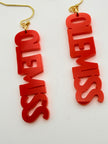 Red 'OLEMISS' earrings with gold hooks on a white background