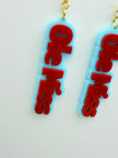 Two 'Ole Miss' earrings on a light gray background