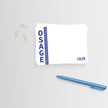 A white notecard with 'OSAGE' printed in blue uppercase letters and the name 'Caleb' in blue script. Accompanied by a blue pen and envelopes with a camper's notes layout in the background.