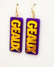 Purple and gold earrings with 'GEaux' text on a white background