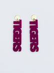 Purple 'Tigers' earrings on a light gray background