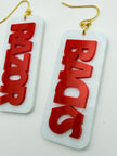 Earrings with 'BACKS RAZOR' text on a white background