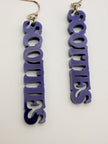 Purple 'SCOTTIES' earrings on a white background