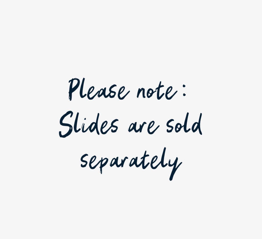 A light gray square graphic with dark navy handwritten text reading, 'Please note: Slides are sold separately.'